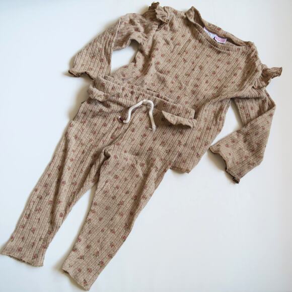 ZARA Baby Cozy Ribbed Set Long Sleeve Neutral Floral Print Size 9-12 Months - Picture 1 of 7